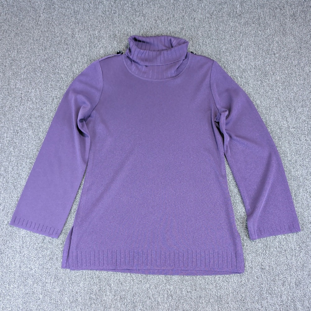 Misook Classic Mod Mock Neck Button Shoulder Sweater Women XS Purple Knit Top